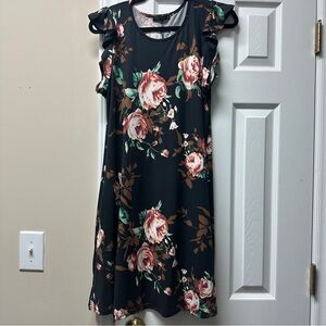 Black Floral Short Sleeve Dress with Pink Roses
